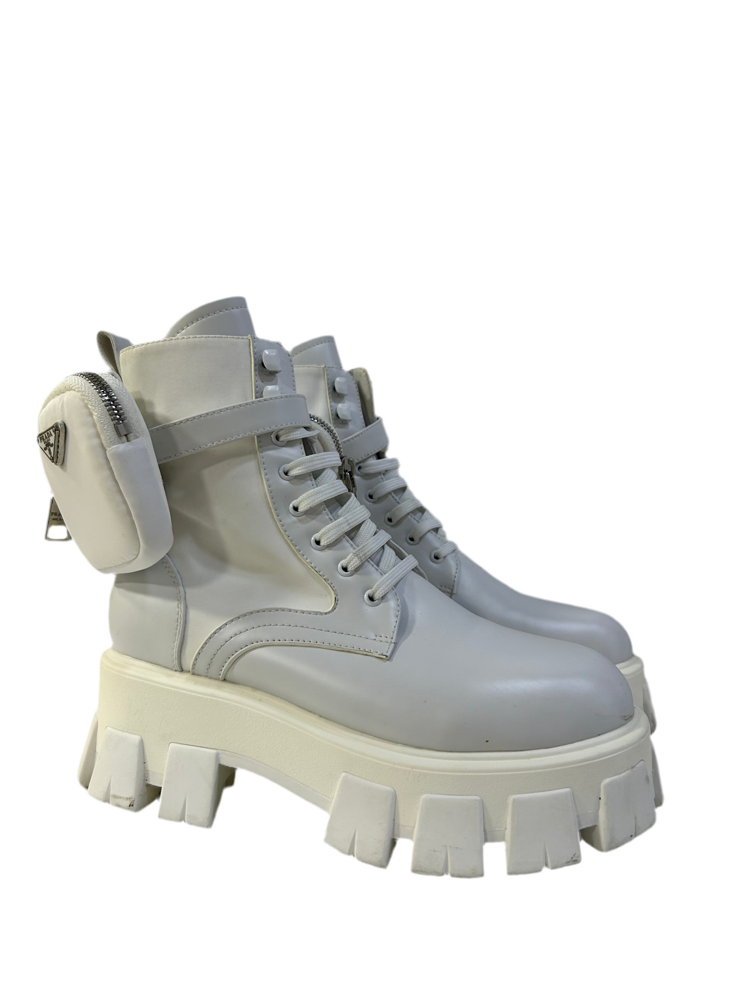 Prada Monolith White Leather Combat Boots 37
