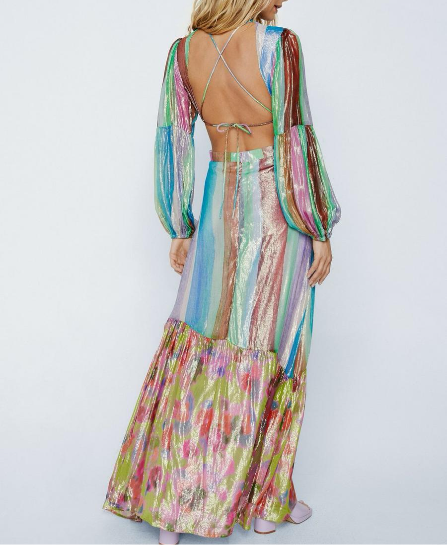 Petite Floral Border Print Open Back Metallic Maxi Dress M