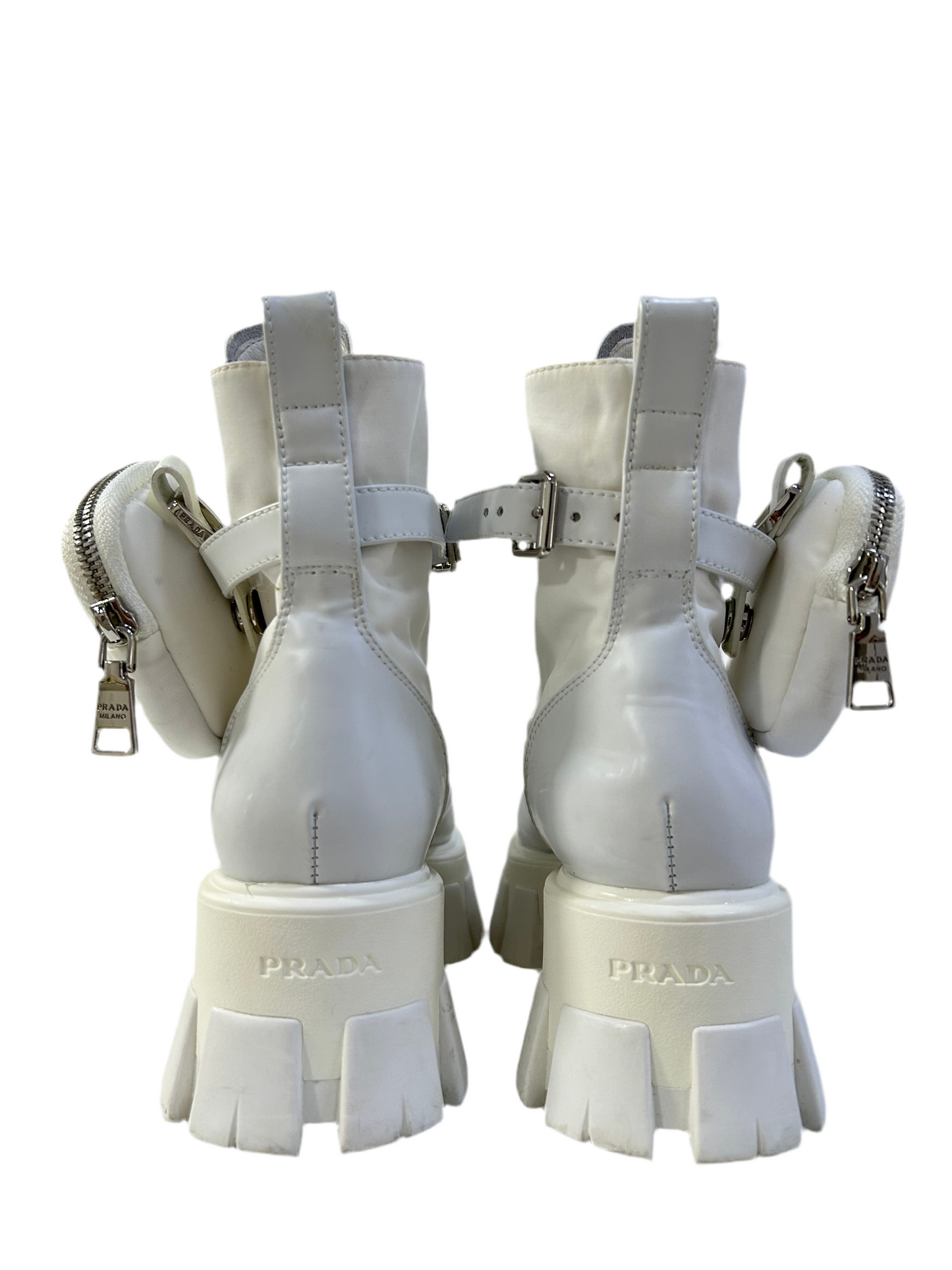 Prada Monolith White Leather Combat Boots 37