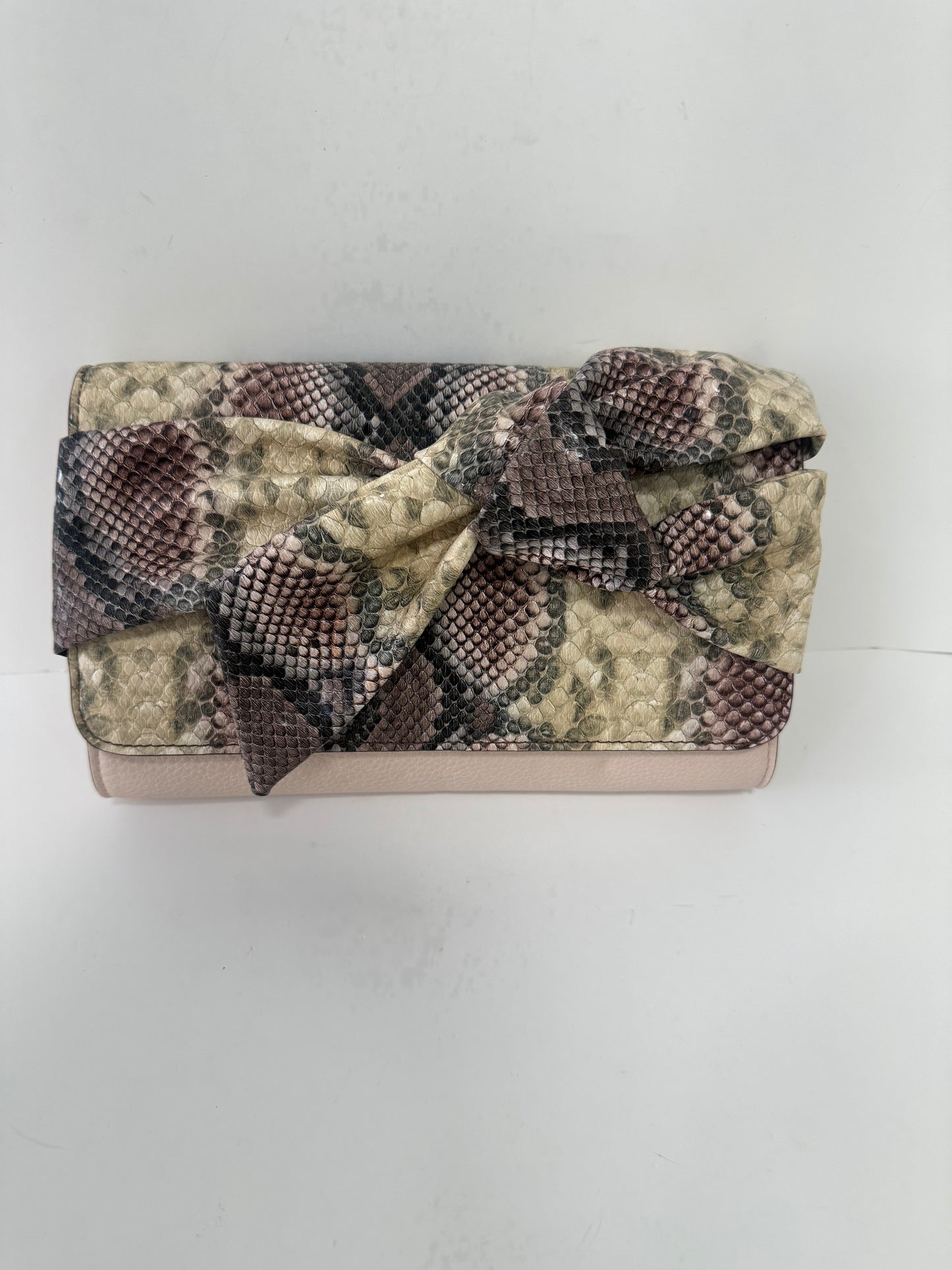 Pink snake textured clutch with bow