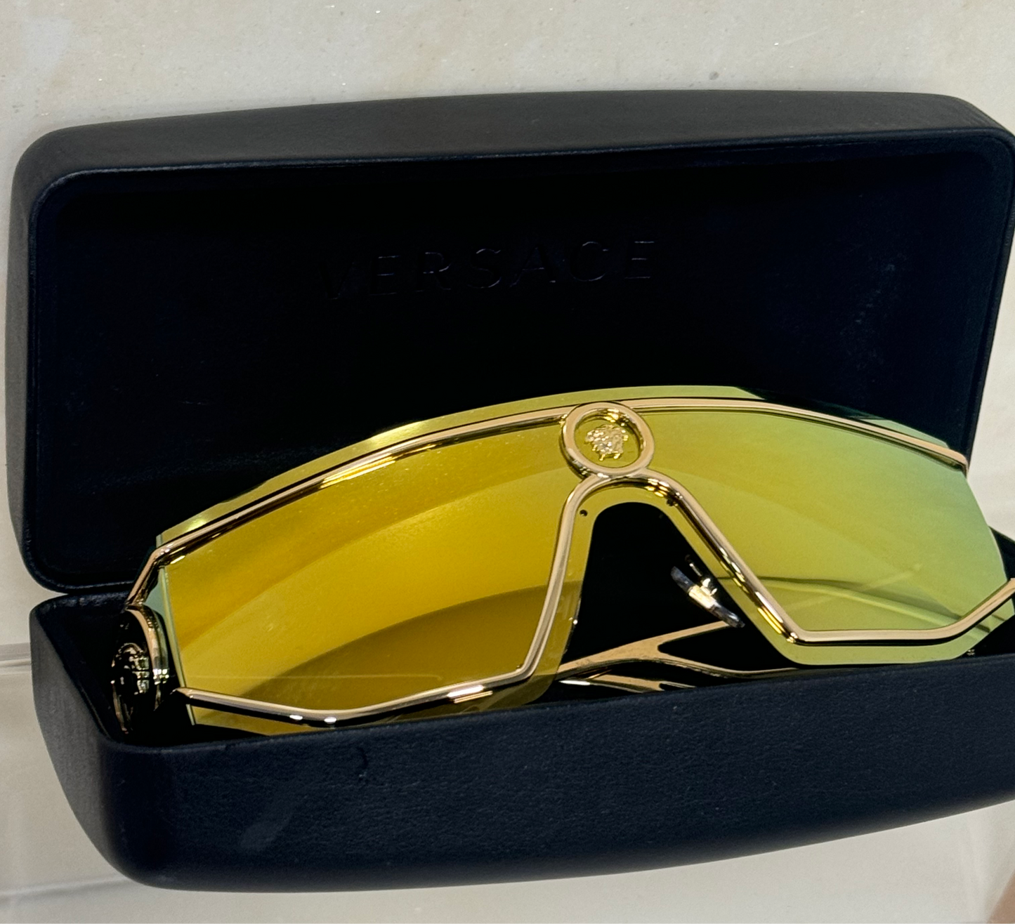 Versace Medusa Gold Tone Mirrored Shield Sunglasses