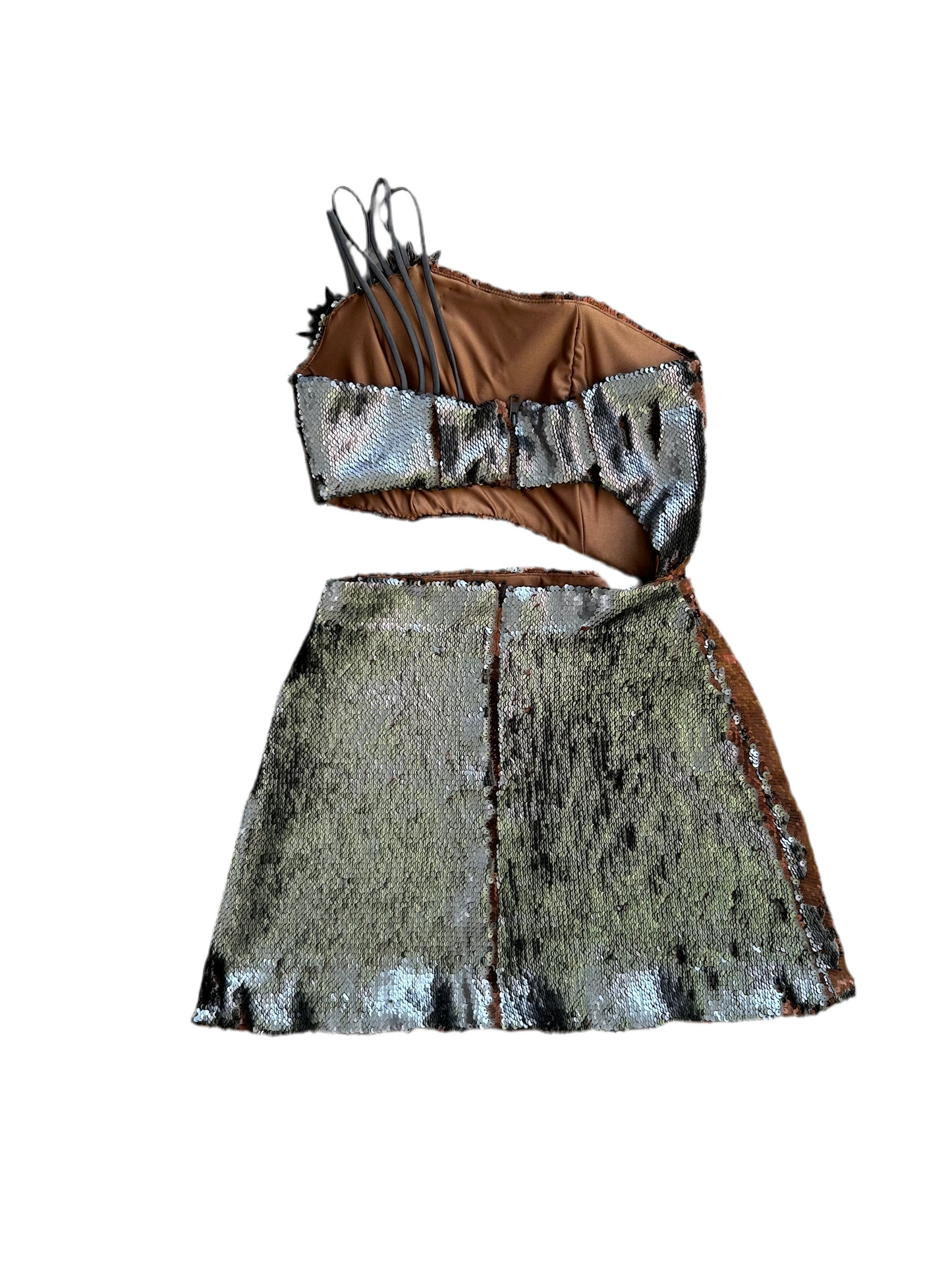 Assymetrical One Shoulder Two Tone Sequins Dress S