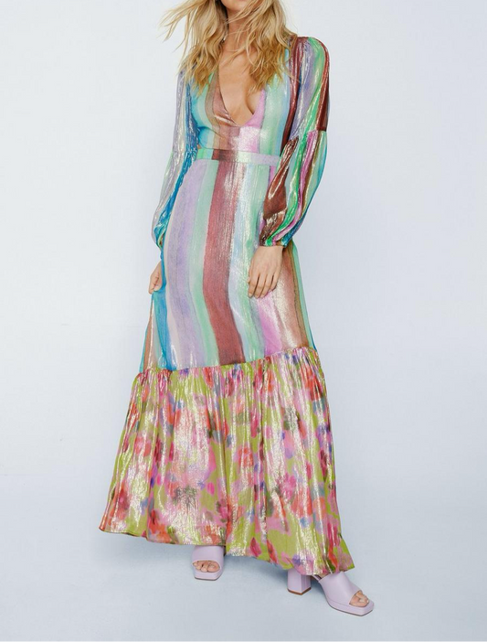 Petite Floral Border Print Open Back Metallic Maxi Dress M
