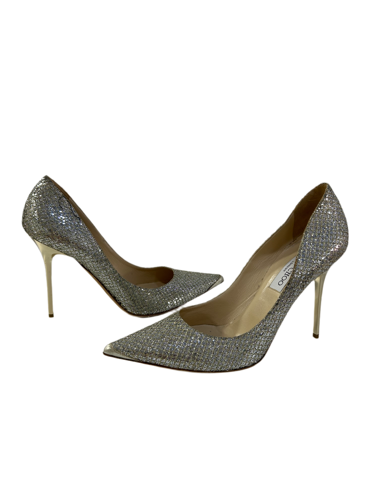 Jimmy Choo Glitter Silver Pointed Toe Heels 39