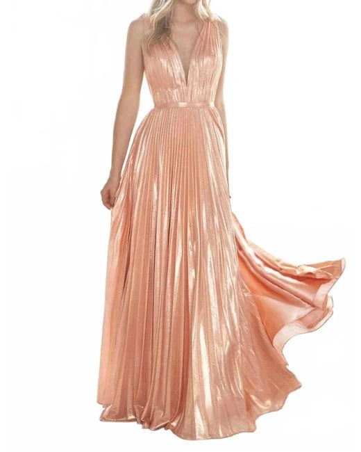 Peach Metallic A-line V-neck Dress