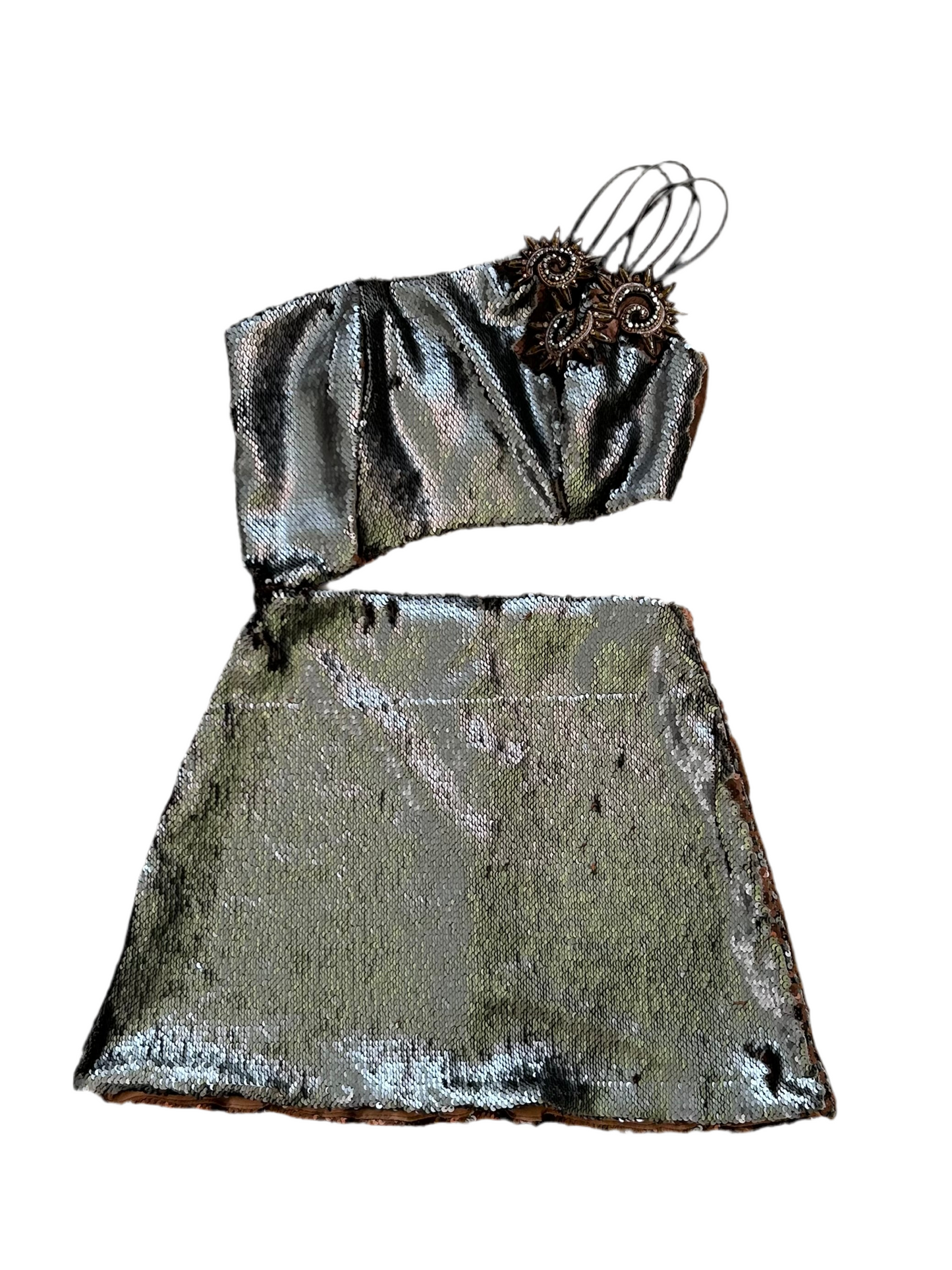 Assymetrical One Shoulder Two Tone Sequins Dress S