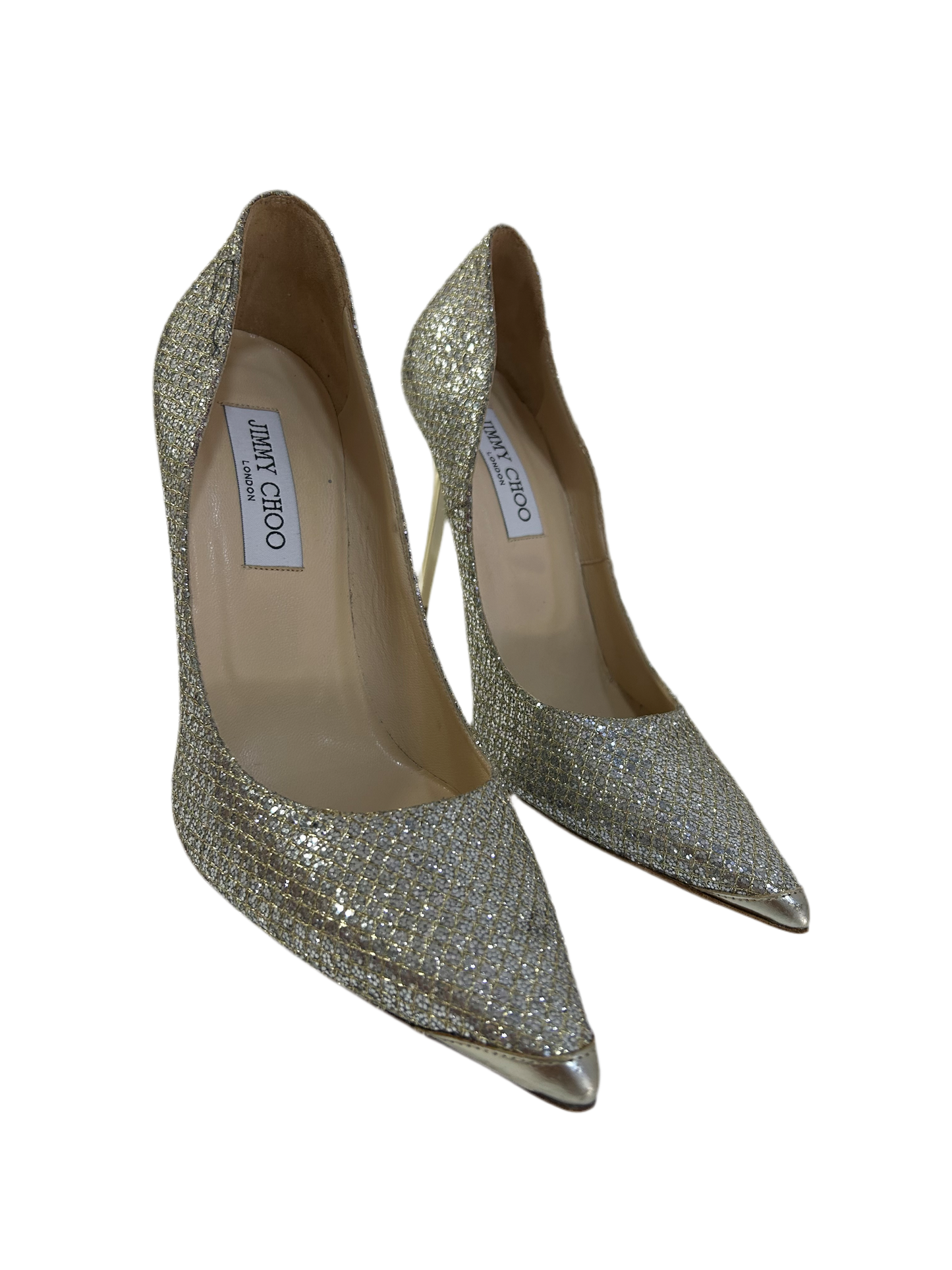 Jimmy Choo Glitter Silver Pointed Toe Heels 39