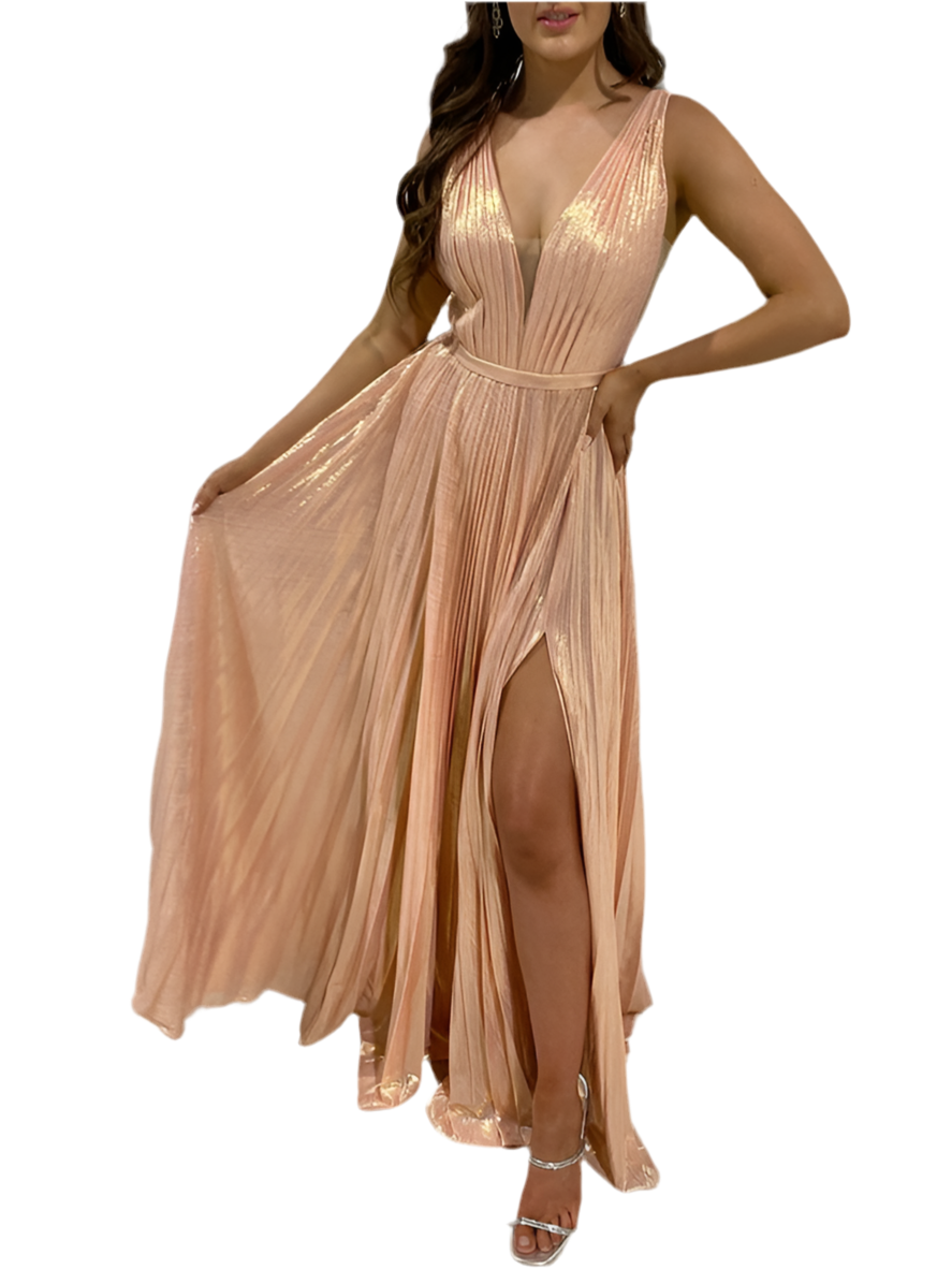 Peach Metallic A-line V-neck Dress