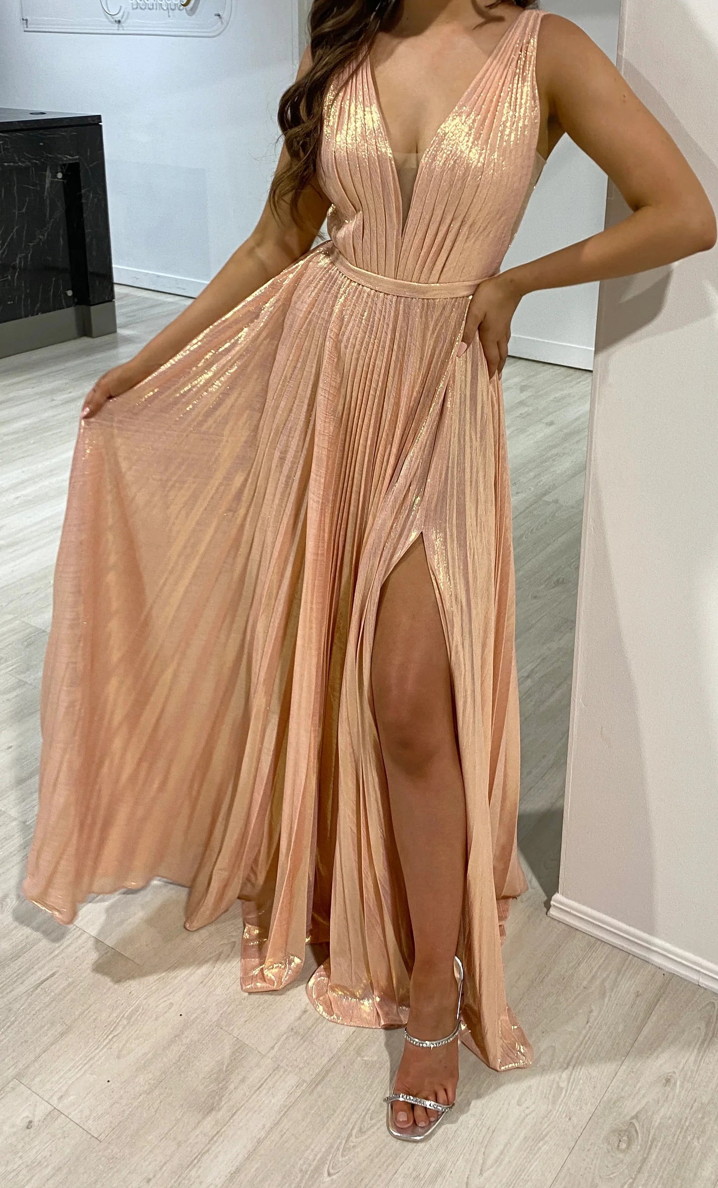 Peach Metallic A-line V-neck Dress