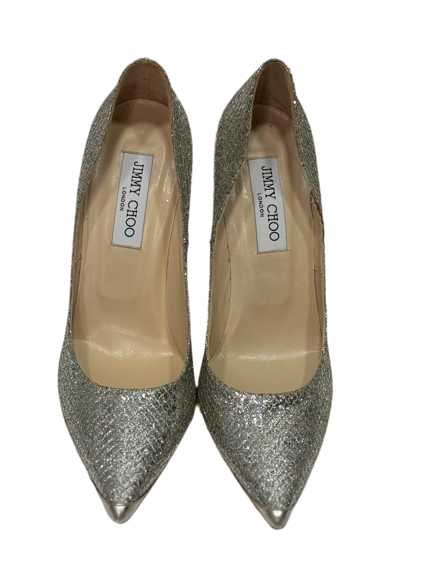 Jimmy Choo Glitter Silver Pointed Toe Heels 39