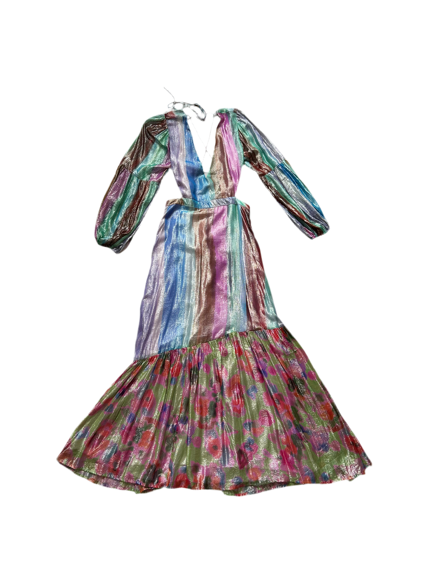 Petite Floral Border Print Open Back Metallic Maxi Dress M