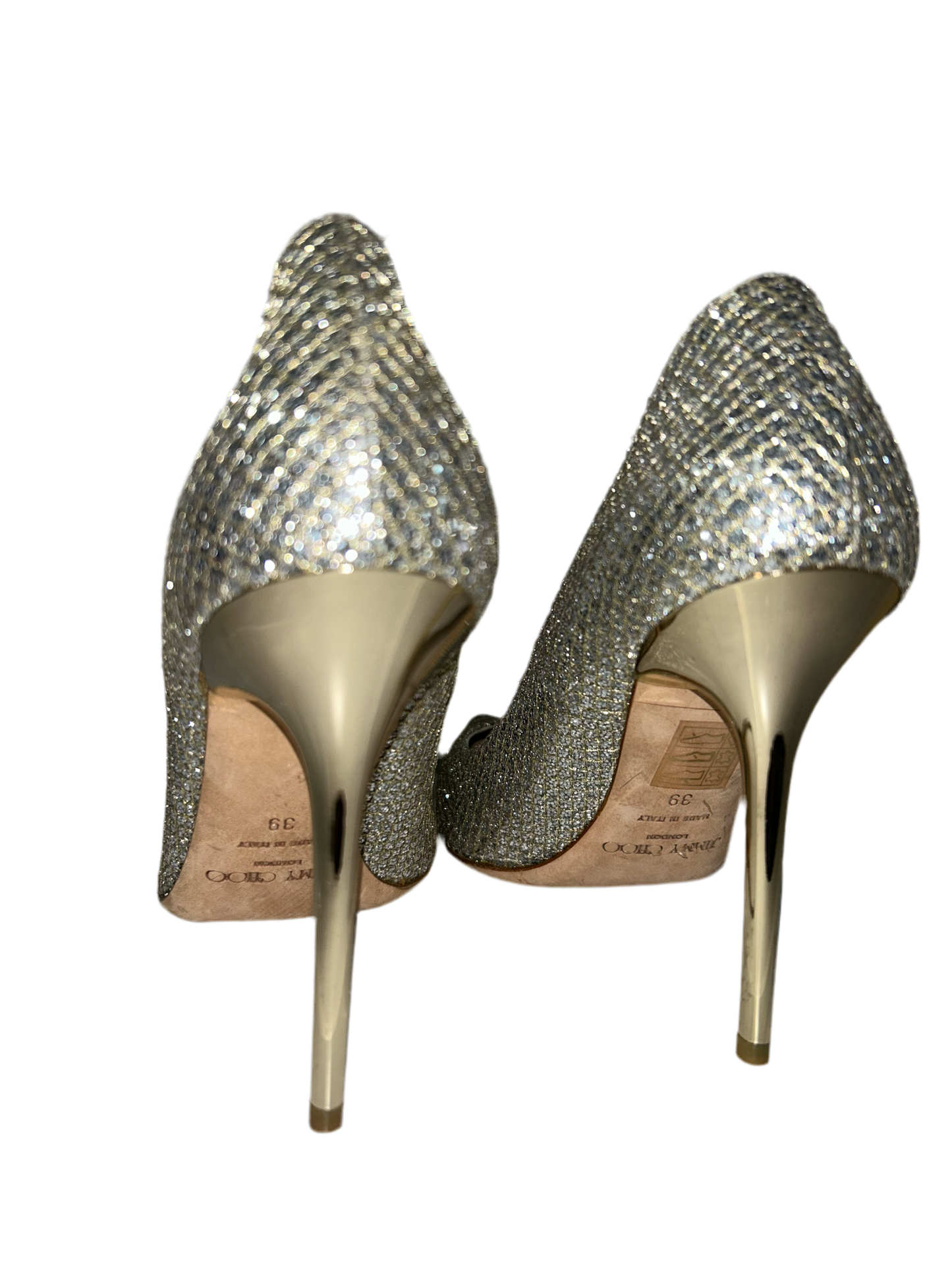 Jimmy Choo Glitter Silver Pointed Toe Heels 39