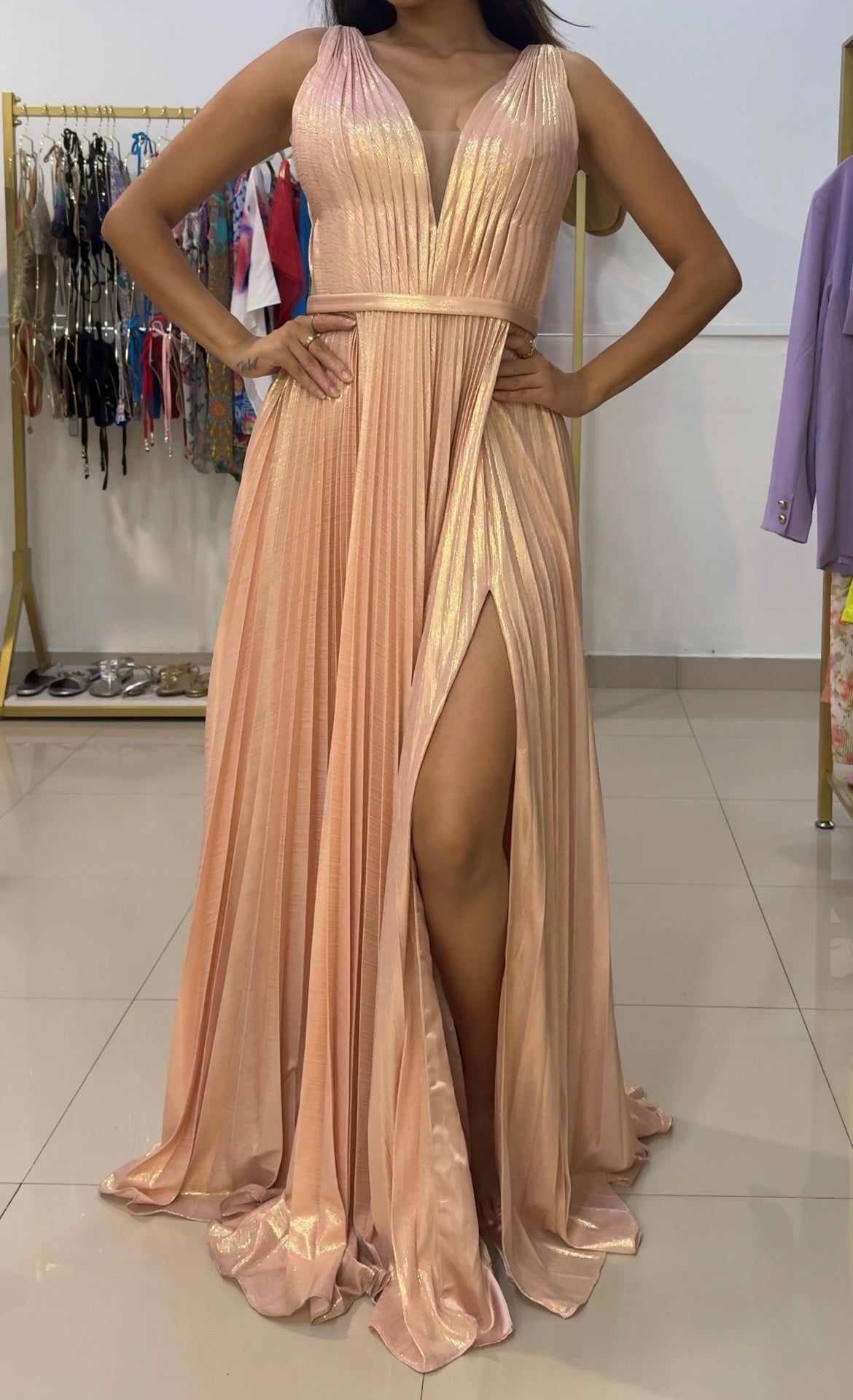 Peach Metallic A-line V-neck Dress