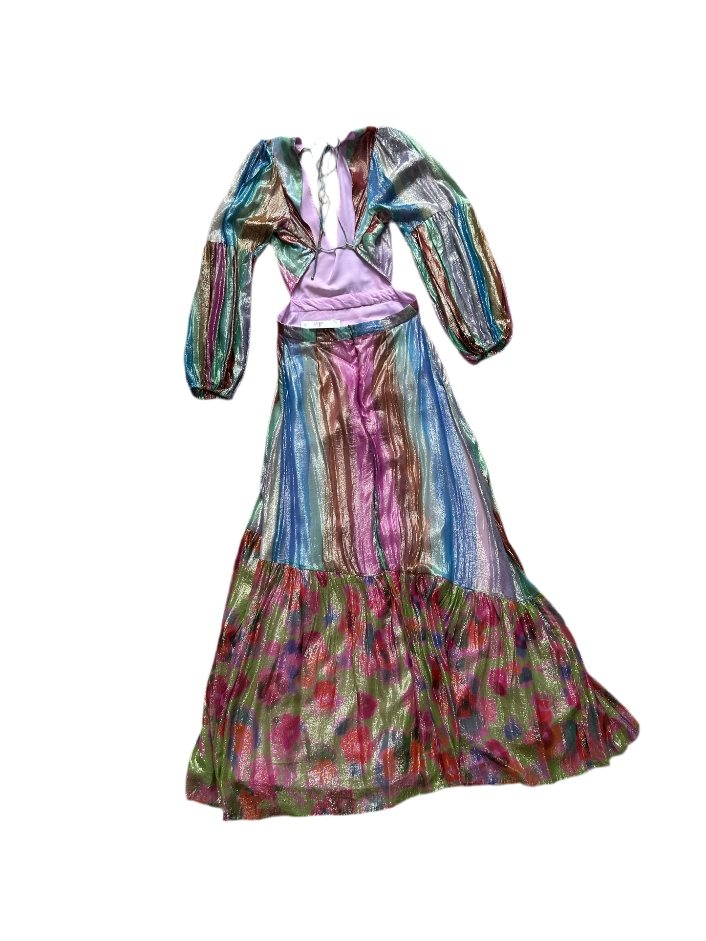 Petite Floral Border Print Open Back Metallic Maxi Dress M