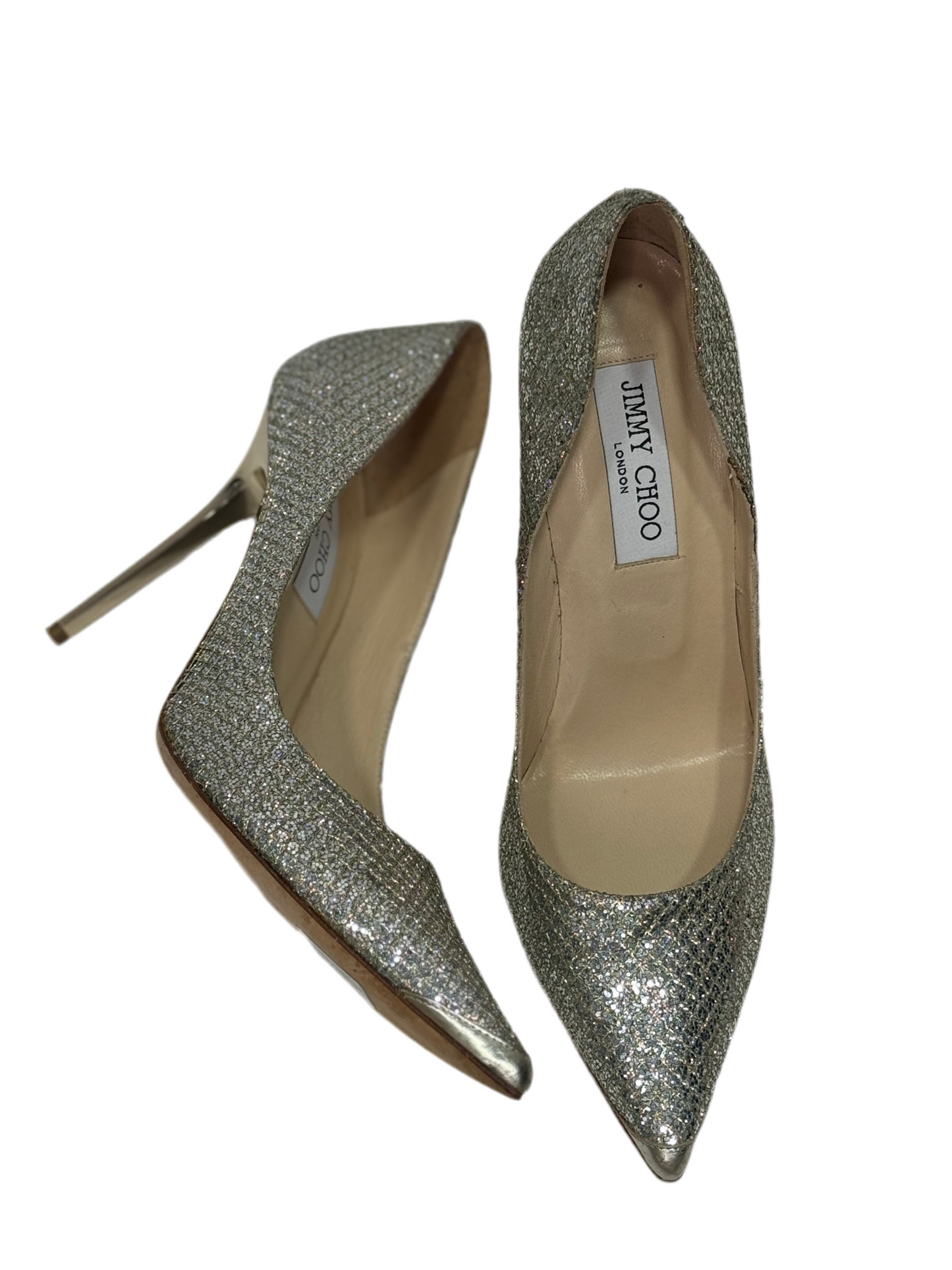 Jimmy Choo Glitter Silver Pointed Toe Heels 39