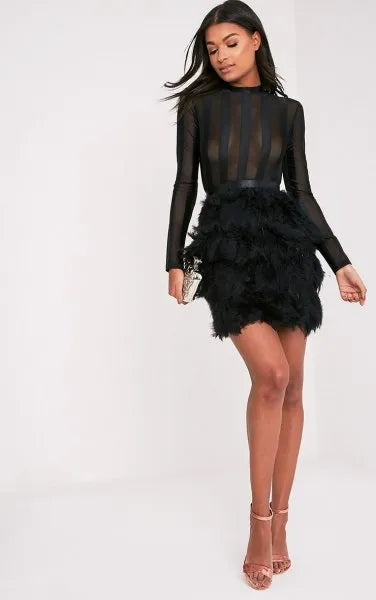 Black Feather Mesh Dress