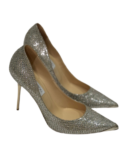 Jimmy Choo Glitter Silver Pointed Toe Heels 39