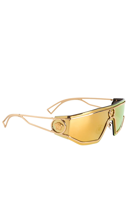 Versace Medusa Gold Tone Mirrored Shield Sunglasses