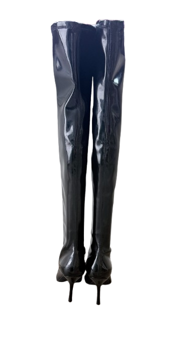 Stuart Weitzman Black Patent Leather Thigh-High Stiletto Boots